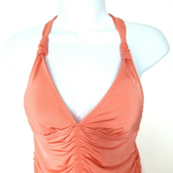 Athleta Aqualuxe Tankini Swim Top S Coral Sunset Orange Ruched Deep V - Picture 4 of 12